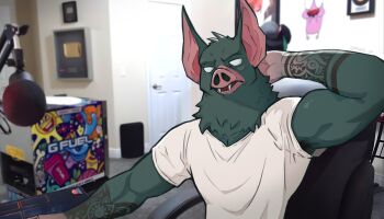 1boy animal_ears arm_behind_head arm_tattoo bat_boy bat_ears biceps chair commentary cosplay cr1tikal cr1tikal_(cosplay) derivative_work dispatch english_commentary fangs furry furry_male gaming_chair gfuel hand_on_own_head highres looking_at_viewer male_focus microphone mikz_up muscular muscular_male open_mouth photo_background shirt sitting sonar_(dispatch) swivel_chair tattoo voice_actor_connection white_shirt youtube_creator_award