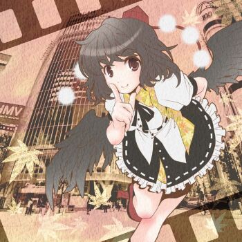 Rule 34 | 1girl, arm behind back, bird wings, black hair, black ribbon, black skirt, black wings, breasts, closed mouth, commentary request, feathered wings, film grain, finger to mouth, foot out of frame, frilled skirt, frills, geta, hat, looking at viewer, medium breasts, medium hair, neck ribbon, ootake tomoko, photo background, pom pom (clothes), puffy short sleeves, puffy sleeves, red eyes, red hat, red sandals, reitaisai, ribbon, ribbon-trimmed skirt, ribbon trim, sandals, shameimaru aya, shirt, short sleeves, shushing, skirt, smile, solo, standing, standing on one leg, tengu-geta, tokin hat, touhou, white shirt, wings