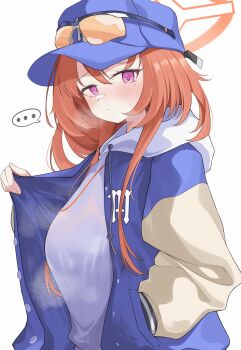 ... 1girl bandaid bandaid_on_face bandaid_on_nose baseball_cap blue_archive blue_hat blue_jacket blush breasts clothes_pull embarrassed halo hand_in_pocket hat hood hood_down hoodie jacket jacket_pull long_hair medium_breasts mole mole_under_eye omgrhr orange-tinted_eyewear orange_hair pink_eyes rei_(blue_archive) shirt sidelocks solo spoken_ellipsis standing sunglasses sunglasses_on_hat sunglasses_on_head tinted_eyewear white_background white_shirt