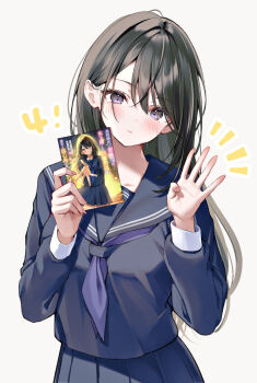 Rule 34 | 1girl, black hair, black sailor collar, black serafuku, black shirt, black skirt, book, closed mouth, commentary request, expressionless, finger counting, hayashi megumi, highres, holding, holding book, koukou jidai ni gouman datta joou-sama to no dousei seikatsu wa igaito igokochi ga warukunai, long sleeves, looking at viewer, meta, neckerchief, number four (asl), purple eyes, purple neckerchief, sailor collar, school uniform, serafuku, shirt, simple background, skirt, solo, white background, yugaa