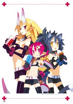 3girls :o animal_ears belt bendy_straw black_hair blonde_hair blush bracelet breasts cat_ears chestnut_mouth choker cosplay demon_horns demon_tail disgaea drink drinking_straw elbow_gloves etna_(disgaea) etna_(disgaea)_(cosplay) food gloves hand_on_own_hip harada_takehito highres horns ice_cream jewelry large_breasts long_hair makai_senki_disgaea_3 multiple_girls navel non-web_source official_art open_mouth page_number photoshop_(medium) pink_eyes pink_hair pointy_ears ponytail popsicle raspberyl red_eyes rutile_(disgaea) short_hair slit_pupils smile stella_grossular tail white_background yellow_eyes
