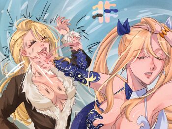 2girls blonde_hair breasts cleavage fairy_tail kiria_(fairy_tail) large_breasts long_hair lucy_heartfilia multiple_girls