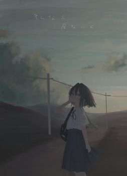 1girl 280km absurdres bag blue_eyes blue_hair blue_ribbon blue_skirt closed_mouth cloud glasses highres looking_at_viewer medium_hair neck_ribbon original outdoors power_lines ribbon round_eyewear shirt shirt_tucked_in short_sleeves skirt sky solo translation_request white_shirt