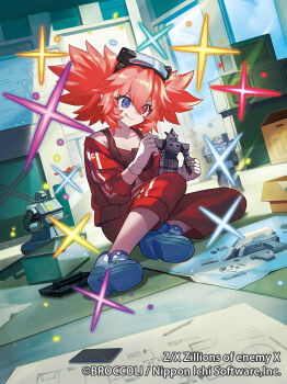 1girl alicia_zinnia_goodwill baniran_dorosu black_tank_top blue_eyes cardboard cellphone closed_mouth copyright_notice crop_top goggles goggles_on_head hair_between_eyes heterochromia holding holding_toy indoors jacket official_art open_clothes open_jacket pants phone red_eyes red_jacket red_pants robot sitting smartphone solo sparkle tank_top tongue tongue_out toy window yokozuwari z/x