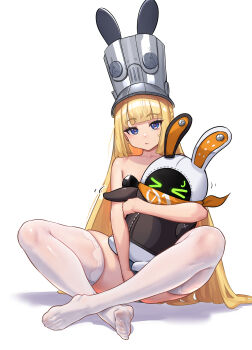 1girl absurdres alternate_costume bangboo_(zenless_zone_zero) black_leotard blonde_hair commentary_request eous_(zenless_zone_zero) grey_helmet helmet highres legs leotard long_hair looking_at_viewer nicchi norma_hollowell playboy_bunny purple_eyes simple_background sitting thighhighs toes very_long_hair white_background white_thighhighs zenless_zone_zero