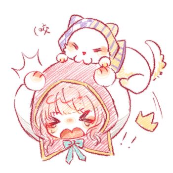 ! !! &gt;_&lt; 1girl ^^^ animal argyle_cloak argyle_clothes blue_bow blunt_bangs bow bowtie cat chibi chinese_commentary cloak clothed_animal commentary_request cropped_torso crown ear_covers hair_ornament hands_on_own_head hat_loss highres hood hood_up hooded_cloak infinity_nikki light_blush long_sleeves mini_crown momo_(nikki) motion_lines nikki_(nikki) nikki_(series) open_mouth pink_cloak pink_hair purple_cloak shiguangbulao277 shirt short_hair sidelocks simple_background striped_cloak striped_clothes tearing_up two-tone_cloak wavy_hair white_background white_cat white_shirt yellow_cloak yellow_crown