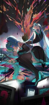 1girl absurdres aqua_eyes aqua_hair aqua_trim bare_shoulders black_boots black_skirt black_sleeves blue_eyes blue_nails boots cellphone chromatic_aberration colorful commentary_request computer detached_sleeves distortion extra_arms full_body glitch glowing glowing_eye hair_ornament hatsune_miku heart highres holding holding_own_hair kamatoyu laptop long_hair lying miniskirt number_tattoo on_side own_hands_clasped own_hands_together phone plaid_clothes plaid_skirt shirt skirt sleeveless sleeveless_shirt smartphone smile solo static tattoo thigh_boots thighhighs twintails very_long_hair vocaloid white_shirt zettai_ryouiki