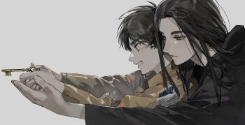 2boys absurdres black_hoodie blue_eyes brown_hair brown_jacket chinese_commentary clenched_teeth collared_jacket commentary_request eren_yeager eyelashes eyeshadow grey_background hand_on_another&#039;s_arm hand_on_hand heads_together highres holding holding_key hood hood_down hoodie jacket key kiyoshi_st long_hair long_sleeves looking_ahead makeup male_focus military_uniform multiple_boys outstretched_arms paradis_military_uniform parted_lips patch shingeki_no_kyojin short_hair simple_background teeth thick_eyebrows time_paradox upper_body wide-eyed
