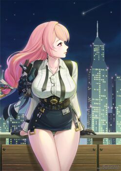 Rule 34 | 1girl, anarchyart, armor, artist name, black skirt, breasts, building, cityscape, closed mouth, cowboy shot, earrings, gloves, hair between eyes, highres, jewelry, large breasts, long hair, looking to the side, night, night sky, pencil skirt, pink hair, ring hair ornament, shirt, shoulder armor, sidelocks, skirt, sky, smile, solo, tsukishiro yanagi, white shirt, zenless zone zero
