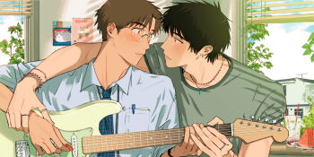 2boys a_first_of_summers adam&#039;s_apple black_hair bracelet brown_hair cha_yeo-reum closed_mouth collared_shirt couple cup ear_piercing earrings electric_guitar eye_contact fender_jazzmaster food fruit green_shirt guitar hand_on_another&#039;s_wrist highres im_hyeon-seon instrument jewelry looking_at_another male_focus multiple_boys multiple_rings necklace necktie object_in_pocket official_art pen_in_pocket piercing plate plectrum pocket pppanghouse ring shirt short_hair sideburns sunlight thumb_ring upper_body watermelon watermelon_slice white_shirt window yaoi