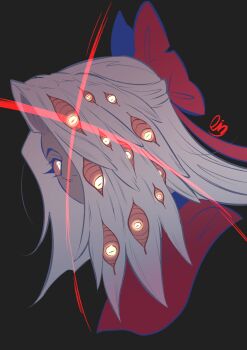 1girl absurdres bow colored_sclera dark-skinned_female dark_skin extra_eyes from_side glowing glowing_eyes grey_hair hair_bow hashtag-only_commentary hazbin_hotel hellaverse highres long_hair pink_eyes raccoon_404 red_bow red_sclera upper_body vaggie