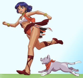 1girl :d bandana bandeau bare_shoulders belt blue_background blue_gemstone blunt_ends blush bob_cut bracelet breasts brown_belt brown_sandals brown_sash commentary cropped_vest cross-laced_sandals dark-skinned_female dark_skin earrings floating_clothes foot_up from_below full_body fushigi_no_umi_no_nadia gem gold_bracelet gold_earrings gradient_background green_eyes groin hair_ornament hairclip hc_kanrinin hoop_earrings jewelry king_(nadia) lion_cub looking_at_viewer looking_down looking_to_the_side midriff nadia_la_arwall neck_ring necklace open_mouth outdoors pelvic_curtain pendant purple_hair red_bandana red_skirt red_vest round_teeth running sandals short_hair skirt sleeveless small_breasts smile solo strapless teeth tube_top upper_teeth_only vest white_bandeau white_trim