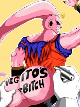2boys angry anus ass ass_focus body_writing clothes_pull colored_skin dragon_ball dragonball_z english_text fangs forced gloves green_anus holding holding_marker humiliation insult majin_buu majinbuusama male_focus marker multiple_boys muscular muscular_male pants pants_pull pink_skin pov presenting red_eyes super_buu torn_clothes vegetto yaoi