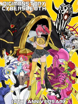 Rule 34 | absurdres, aiba ami, alphamon, anniversary, armor, artcetona, bare shoulders, black armor, black hair, black helmet, black panties, black pantyhose, black shirt, black skirt, black thighhighs, blue camisole, blue eyes, breasts, camisole, cleavage, copyright name, digimon, digimon (creature), digimon story: cyber sleuth, dress, eater (digimon), english text, flower, forehead jewel, garter straps, goggles, goggles on head, group picture, helmet, highres, holding, holding flower, hood, hooded jacket, jacket, kamishiro yuuko, knight, large breasts, lordknightmon, mecha, miniskirt, mother eater, multiple boys, multiple girls, off shoulder, omegamon, panties, pantyhose, pink armor, pink helmet, pink jacket, pleated skirt, red flower, red hair, red rose, robot, rose, sanada arata, shiramine nokia, shirt, shoulder armor, side-tie panties, side ponytail, sideless outfit, simple background, skirt, thighhighs, twintails, two-tone shirt, underwear, white armor, white dress, yellow background, yellow shirt