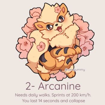 animal_focus arcanine blush fangs flower fluffy gen_1_pokemon looking_at_viewer nintendo no_humans open_mouth pokemon pokemon_(creature) pokemon_focus sevi_(seviyummy) simple_background smile tail