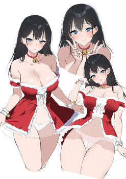 1girl babydoll bare_shoulders bell black_hair blue_eyes blush breasts bright_pupils cleavage closed_mouth collar collarbone commentary_request cropped_legs double_v frills fur_trim highres jingle_bell kogeneko large_breasts long_hair looking_at_viewer multiple_views navel neck_bell open_mouth original panties red_babydoll see-through_clothes simple_background smile strapless underwear v white_background white_panties wrist_cuffs