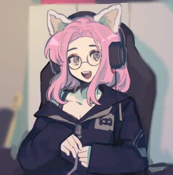 Rule 34 | 1girl, :d, animal ears, animification, black hoodie, breasts, cat ears, chair, cleavage, commentary, discord, glasses, grey eyes, hashtag-only commentary, headphones, hood, hood down, hoodie, indoors, long hair, minecraft youtube, nihachu, open mouth, photo-referenced, pink hair, real life, round eyewear, sitting, smile, solo, upper body, whalebone (muffinsuki)