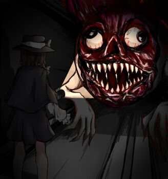 1girl black_capelet black_hat black_skirt blood bow bridge_worm brown_hair capelet claws clenched_hand commentary creature english_commentary flashlight guro hair_bow hat hat_bow highres holding holding_flashlight horror_(theme) kano33 long_sleeves mask open_mouth saliva sharp_teeth shirt short_hair skinless skirt standing teeth tongue touhou tunnel usami_renko white_shirt