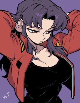 1girl alternate_breast_size_(larger) arms_up black_dress breasts brown_eyes dress expressionless highres jacket katsuragi_misato large_breasts long_hair looking_down neon_genesis_evangelion open_clothes open_jacket parted_bangs purple_hair win_pando