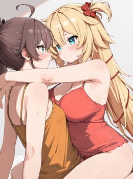 2girls absurdres ahoge akai_haato aqua_eyes arms_around_neck bare_arms bare_legs blonde_hair blush breast_press breasts brown_hair camisole cleavage closed_mouth covered_navel hair_between_eyes hair_ornament heart heart_hair_ornament highres hololive large_breasts long_hair looking_at_another mixed-language_commentary multiple_girls natsuiro_matsuri orange_hair otokucha panties red_camisole red_panties red_ribbon ribbon sidelocks straddling sweat underwear virtual_youtuber yuri