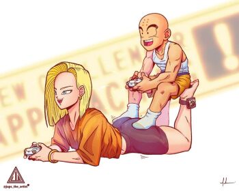 1boy 1girl android_18 ankle_monitor artist_name ass bald blonde_hair blue_eyes bracelet controller couple dragon_ball game_controller huge_ass jewelry jups_the_artist jups_the_artist kuririn lying non-web_source on_stomach orange_shirt playing_games shirt short_hair short_male shorts signature sitting sitting_on_person socks tall_female tank_top tight_clothes white_socks