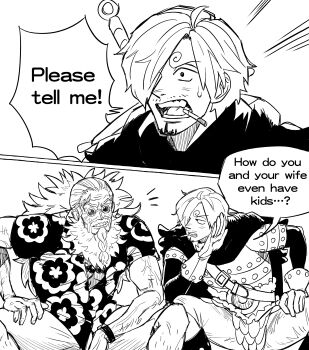 Rule 34 | 2boys, absurdres, armor, beard, cigarette, curly eyebrows, english text, facial hair, full beard, hashtag-only commentary, highres, male focus, multiple boys, one piece, rita ya, sanji (one piece), scopper gaban, speech bubble, sunglasses