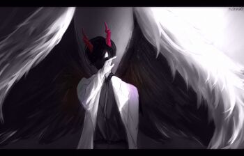 1boy absurdres black_hair black_shirt coat collared_shirt demon_horns facing_viewer feathered_wings hand_up head_tilt highres horns kim_dokja letterboxed male_focus official_alternate_costume omniscient_reader&#039;s_viewpoint open_clothes open_coat shaded_face shirt short_hair solo upper_body white_coat white_wings wings yu_shiro_ki