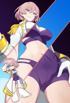 Rule 34 | 1girl, absurdres, bikini, blue background, blue eyes, boots, breasts, casa chushouye, chibi, chibi inset, cleavage, coat, commentary, cut-in, epaulettes, gloves, grey hair, gridman universe, hand on own hip, highres, large breasts, looking at viewer, mujina, navel, necktie, open clothes, open coat, panty &amp; stocking with garterbelt (style), purple background, purple bikini, purple necktie, purple shorts, revealing layer, shirt, short hair, short shorts, shorts, simple background, smirk, solo, ssss.dynazenon, swimsuit, thighs, underbust, white boots, white coat, white gloves, white shirt