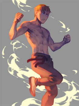 1boy blue_eyes brown_hair brown_shoes choppy_bangs clenched_hands closed_mouth commentary foot_out_of_frame grey_background grey_pants hashtag-only_commentary lydialing_draws male_focus original pants realistic shoes short_hair solo toned toned_male topless_male