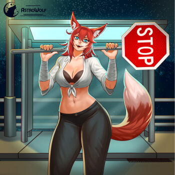 1girl animal_ear_fluff animal_ears artist_logo artist_name astrowolf bandaged_arm bandages black_bra black_pants blue_eyes bra breasts bus_stop cleavage commentary commission cowboy_shot english_commentary fangs fingernails fox_ears fox_girl fox_tail holding holding_sign kiera_(hhhemeleon) logo medium_breasts navel night original outdoors pants red_hair red_tail road_sign sharp_fingernails shirt sign solo stomach stop_sign tail tied_shirt underwear v-shaped_eyebrows white_shirt