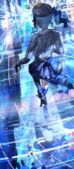 1girl absurdres advarcher asymmetrical_legwear beret bike_shorts bike_shorts_under_skirt black_boots black_gloves black_shorts black_thighhighs blue_hair blue_ribbon blue_socks boots commentary_request crown frilled_skirt frills full_body gloves grey_hat grey_jacket grey_skirt hair_ribbon hat high_heel_boots high_heels highres hololive hoshimachi_suisei hoshimachi_suisei_(1st_costume) jacket kneehighs medium_hair mini_crown miniskirt partially_fingerless_gloves plaid_clothes plaid_hat plaid_jacket plaid_skirt pleated_skirt reflection ribbon shorts side_ponytail sidelocks single_kneehigh single_sock single_thighhigh skirt skirt_set sleeve_cuffs socks solo thigh_strap thighhighs uneven_legwear virtual_youtuber