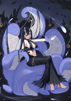1girl absurdres antlers asymmetrical_horns azur_lane bare_shoulders barefoot black_dress black_hair blue_eyes breast_curtains breasts chain chinese_commentary cleavage commentary_request dress full_body golden_hind_(azur_lane) highres horns long_hair looking_at_viewer medium_breasts reindeer_antlers sitting sleeveless sleeveless_dress solo suction_cups tentacles tongue tongue_out very_long_hair xin_sanmu