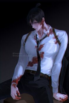 1boy absurdres belt belt_buckle black_hair black_necktie black_pants blood blood_on_clothes blood_on_face blood_on_hands blue_eyes breast_pocket brown_belt buckle chainsaw_man cigarette collared_shirt earrings hashtag-only_commentary hayakawa_aki highres injury jewelry looking_at_viewer male_focus necktie open_collar pants piercing pocket ponytail sanpaku seagnalis shirt shirt_tucked_in short_ponytail sitting solo stud_earrings twitter_username white_shirt wing_collar