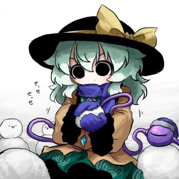 Rule 34 | 1girl, beanie, black eyes, black hat, black shorts, blue gloves, blue scarf, bow, buttons, diamond button, eyeball, floral print, frilled shirt collar, frilled sleeves, frills, gloves, green hair, green skirt, hat, hat bow, hat ribbon, heripantomorrow, komeiji koishi, ribbon, rose print, scarf, shirt, shorts, skirt, snow, snowball, snowman, third eye, touhou, translation request, white background, winter, yellow bow, yellow ribbon, yellow shirt