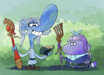 belt big_nose black_belt black_shoes book brown_shoes chowder_(character) chowder_(series) cosplay crossover dress earrings facial_hair fern_(sousou_no_frieren) fern_(sousou_no_frieren)_(cosplay) frieren frieren_(cosplay) full_body grey_hair highres holding holding_book jewelry long_hair mung_daal_(chowder) mustache mustachetangelo purple_hair shoes sousou_no_frieren twintails