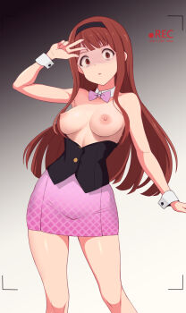 1girl baji_toufuu_(bajitohfu) bare_shoulders black_corset black_hairband blush breasts brown_eyes brown_hair corset crazy_eyes gradient_background green_background hairband highres idolmaster idolmaster_cinderella_girls long_hair looking_at_viewer medium_breasts nipples pink_skirt shaded_face simple_background skirt solo tanaka_kotoha viewfinder white_background wrist_cuffs