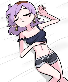 1girl absurdres amity_blight bare_legs breasts closed_eyes collarbone crop_top dolphin_shorts earrings highres jewelry lying medium_breasts medium_hair n_k_m navel on_back parted_lips purple_hair sharp_teeth short_shorts shorts sleeping solo stomach tassel tassel_earrings teeth the_owl_house