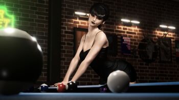 absurdres ball billiard_ball black_dress black_hair dress eve_(stellar_blade) goth_fashion highres non-web_source pool_table stellar_blade table