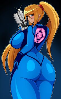 1girl ass blonde_hair bodysuit breasts from_behind gun hand_on_own_hip high_ponytail highres holding holding_gun holding_weapon huge_ass huge_breasts iriomote_umineko large_breasts long_hair metroid nintendo nipples nipples_covered ponytail samus_aran sideboob standing tight_clothes very_long_hair weapon zero_suit