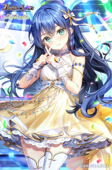 Rule 34 | 1girl, aqua eyes, battle spirits, blue hair, braid, closed mouth, commentary request, confetti, copyright logo, copyright name, copyright notice, diana fleur, fujima takuya, gold trim, hair ribbon, idol clothes, logo, official art, ribbon, shirt, skirt, sleeveless, sleeveless shirt, solo, thighhighs, white shirt, white thighhighs, x fingers