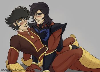 blush duke_fleed full-face_blush grendizer highres kabuto_kouji mazinger_(series) mazinger_z mecha_pilot_suit nervous_smile nervous_sweating non-web_source shy smile sweat ufo_robo_grendizer yaoi