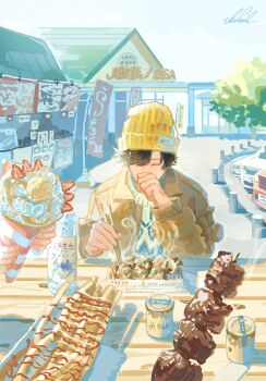 1boy beanie black_hair bottle car chopsticks commentary_request food food_stand hat highres holding holding_chopsticks jacket male_focus motor_vehicle original parfait shigre shop skewer steaming_food sweater table takoyaki tree water_bottle