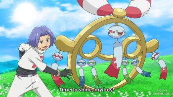 1boy black_gloves blue_sky chimecho cloud colored_sclera day flower gen_3_pokemon gloves grass green_eyes happy highres james_(pokemon) mega_chimecho mega_pokemon mega_ring nintendo open_mouth outdoors pants pokemon pokemon_(anime) pokemon_(creature) pokemon_rse_(anime) shirt sky smile team_rocket team_rocket_uniform thsinaz undershirt white_pants white_shirt wind_chime yellow_eyes yellow_sclera