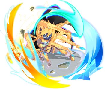 1girl absurdres aizeis alternate_costume armor armored_boots assault_visor belt biometal blonde_hair body_armor bodystocking bodysuit boots breasts chest_jewel ciel_(mega_man) coattails commission commissioner_upload covered_navel crown energy extra_eyes fighting_stance forehead_jewel full_body gauntlets gloves green_eyes highres knee_pads long_hair mask mechanical_ears mechanical_wings mega_man_(series) mega_man_zero_(series) mega_man_zx model_w_(mega_man) non-web_source petite ponytail shorts small_breasts solo tailcoat thighs tiara transparent_background wings