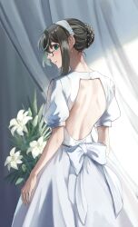 Rule 34 | 1girl, amanattou shigure, backless outfit, bouquet, commentary request, dress, flower, glasses, green eyes, hair bun, hairband, highres, kantai collection, looking back, official alternate costume, official alternate hairstyle, ooyodo (kancolle), semi-rimless eyewear, sidelocks, single hair bun, solo, under-rim eyewear, white dress, white hairband