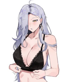 1girl absurdres ahoge bare_shoulders black_bra black_lace_trim blue_lips bra breasts earrings eyeliner eyeshadow fate/grand_order fate_(series) hair_over_one_eye highres hoop_earrings jewelry lace lace-trimmed_bra lace_trim large_breasts long_hair makeup mrs._snake_(fate) salsa_dance solo underwear yellow_eyes