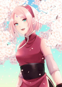 1girl :d absurdres bare_shoulders detached_sleeves dress eyelashes facial_mark falling_petals flower forehead_mark green_eyes hairband haruno_sakura highres konohagakure_symbol looking_at_viewer mochiii-s naruto:_the_last naruto_(series) open_mouth petals pink_hair red_dress sleeveless sleeveless_dress smile solo teeth upper_body upper_teeth_only