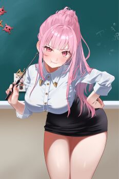 1girl 380_(artist) :t alternate_costume asymmetrical_sidelocks bent_over black_nails blunt_bangs blush breasts buttons chalkboard collared_shirt commentary fingernails hand_on_own_hip hanging_breasts high-waist_skirt high_ponytail highres holding holding_pointer hololive hololive_english large_breasts long_hair looking_at_viewer miniskirt mori_calliope pencil_skirt pink_eyes pink_hair pointer ponytail pout shirt sidelocks skirt sleeves_rolled_up solo teacher thick_thighs thighs three-quarter_sleeves virtual_youtuber white_shirt