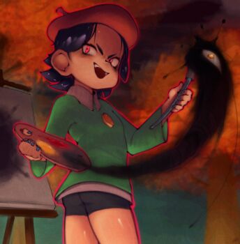 Rule 34 | 1girl, absurdres, adeleine, beret, bike shorts, black hair, canvas (object), dark matter (kirby), evil smile, hat, highres, holding, holding paint palette, holding paintbrush, kirby (series), kirby 64, nintendo, one-eyed, onimiere, paint palette, paintbrush, red eyes, red hat, smile
