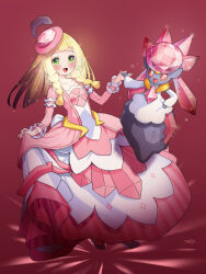 alternate_costume blonde_hair cosplay curtsey diancie dress gen_6_pokemon green_eyes highres hilda_(pokemon) hilda_(pokemon)_(cosplay) hilda_(special_costume)_(pokemon) kinocopro legendary_pokemon lillie_(pokemon) mythical_pokemon nintendo pokemon pokemon_masters_ex pokemon_sm